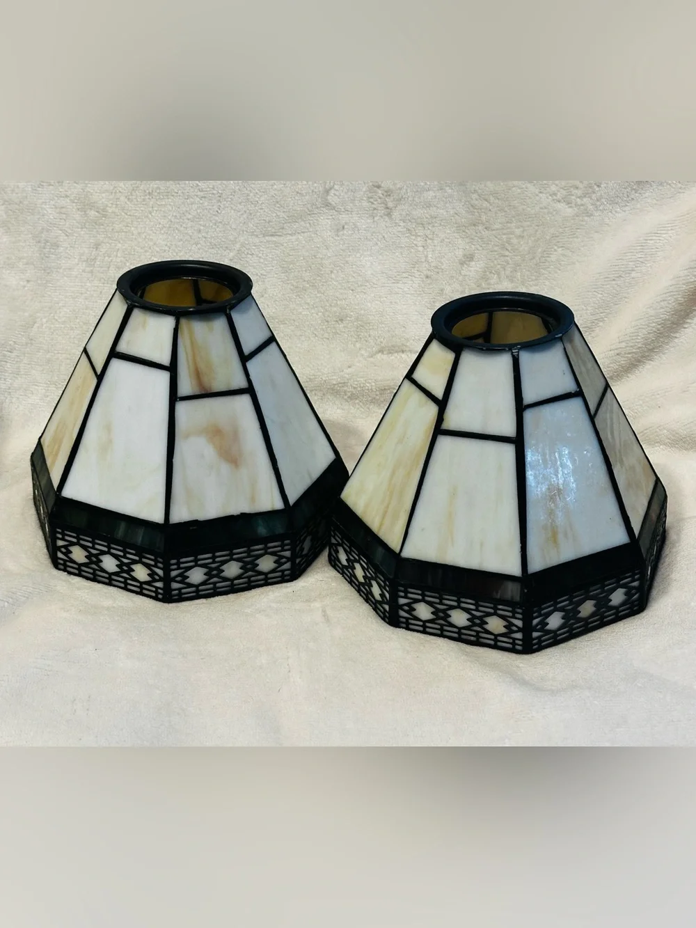 Classic Stained Glass Lampshade Pair in Cream and Black